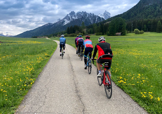 A group cycling in the Dolomites