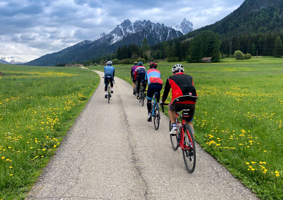 A group cycling in the Dolomites
