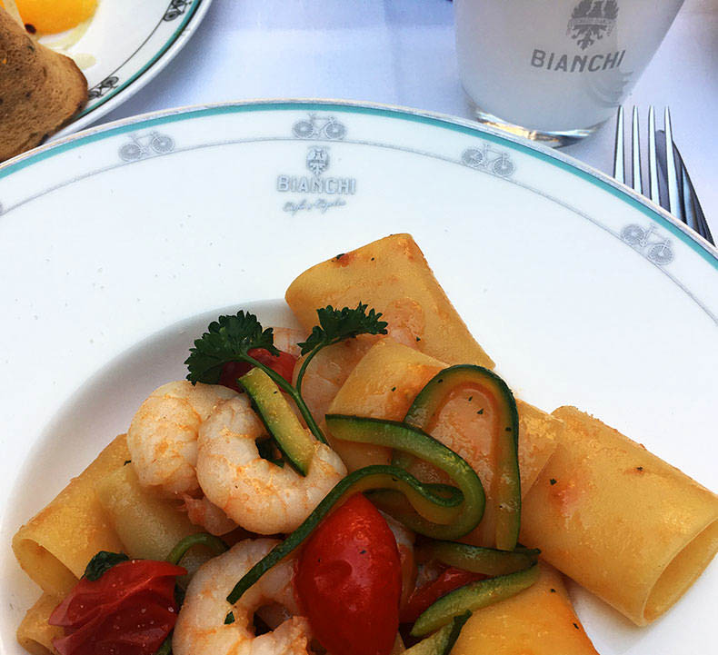 a plate of pasta for lunch at the Bianchi cafe in Milan