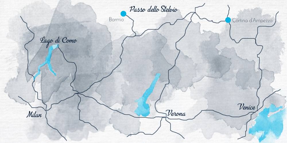 Map of Lake Como, Bormio and the Dolomites