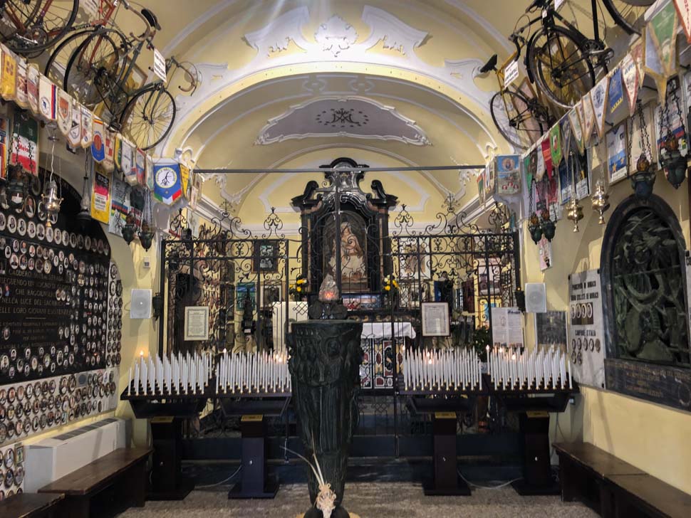 Inside the chapel at Ghisallo in Italy