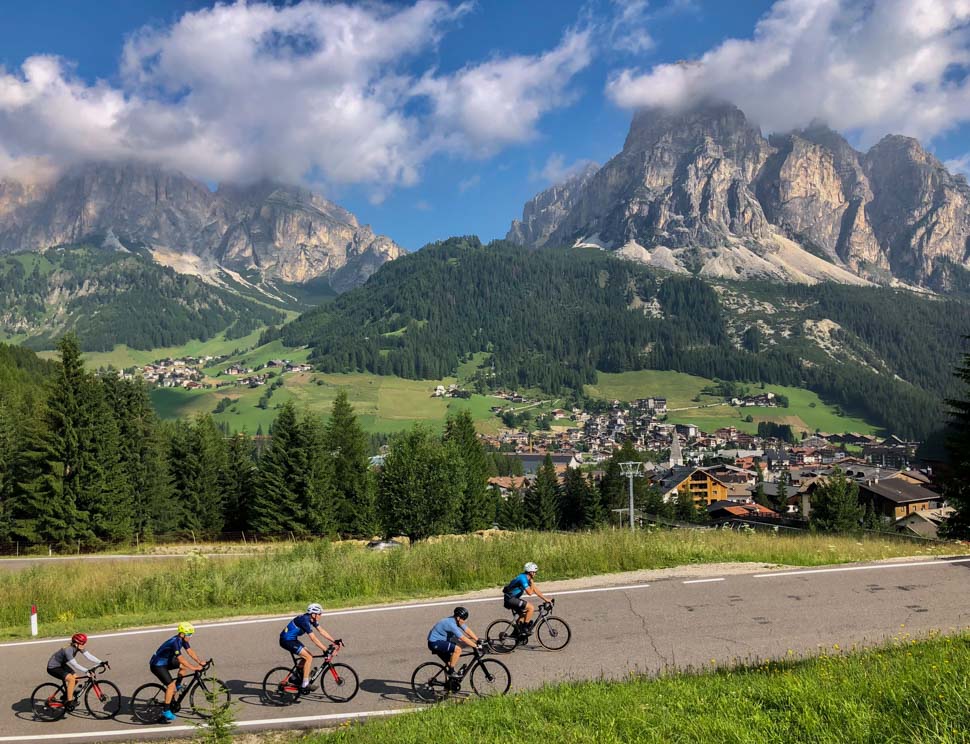 a group of bikers in the Dolomites during an Italian cycling holiday