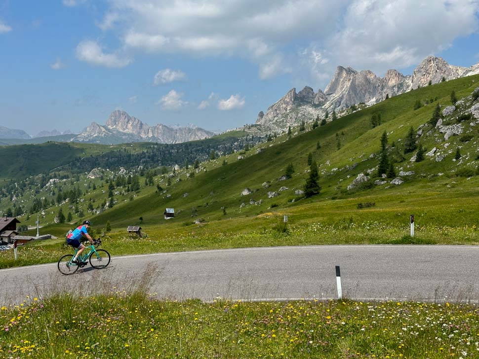 a man cycling in the Dolomites during an Italian cycling holiday