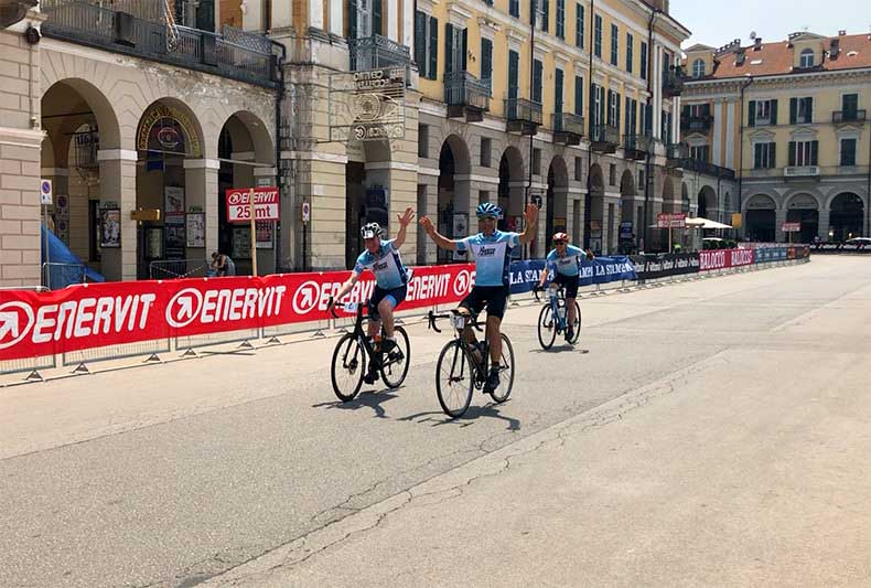 Three riders finishing La Fausto Coppi Granfondo