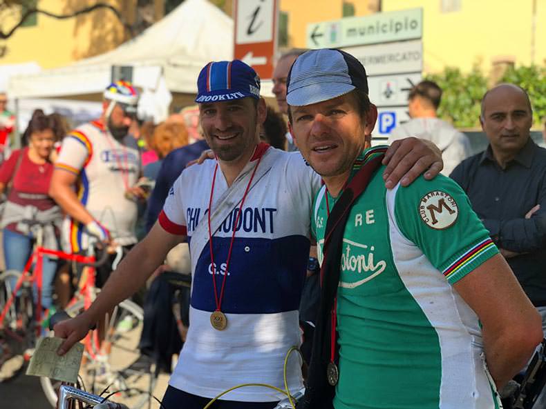 Two people in woolen jerseys after their L'Eroica ride