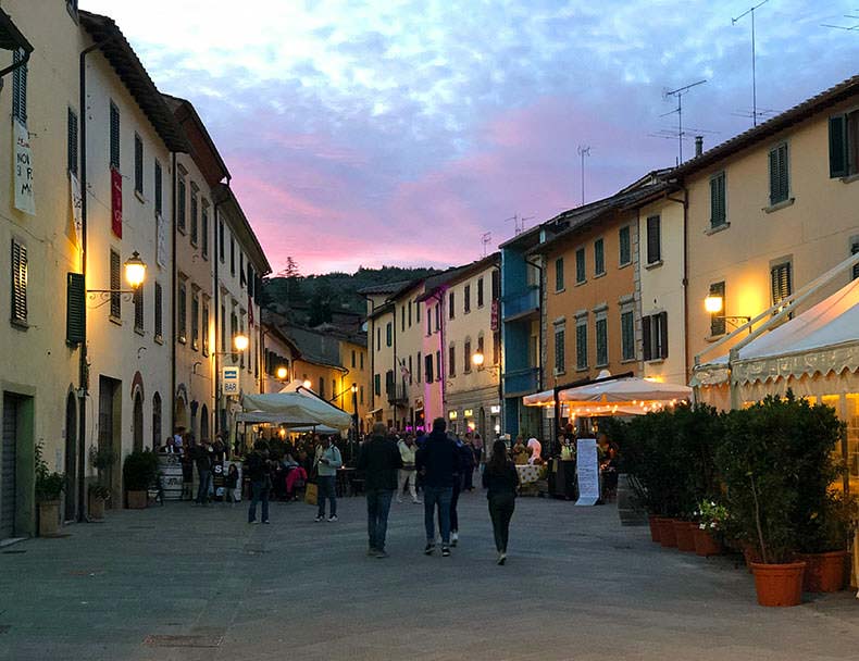 The piazza of Gaiole in Chianti at twilight
