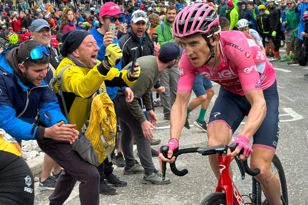 Geraint Thomas in the pink leaders jersey during the Giro d'Italia