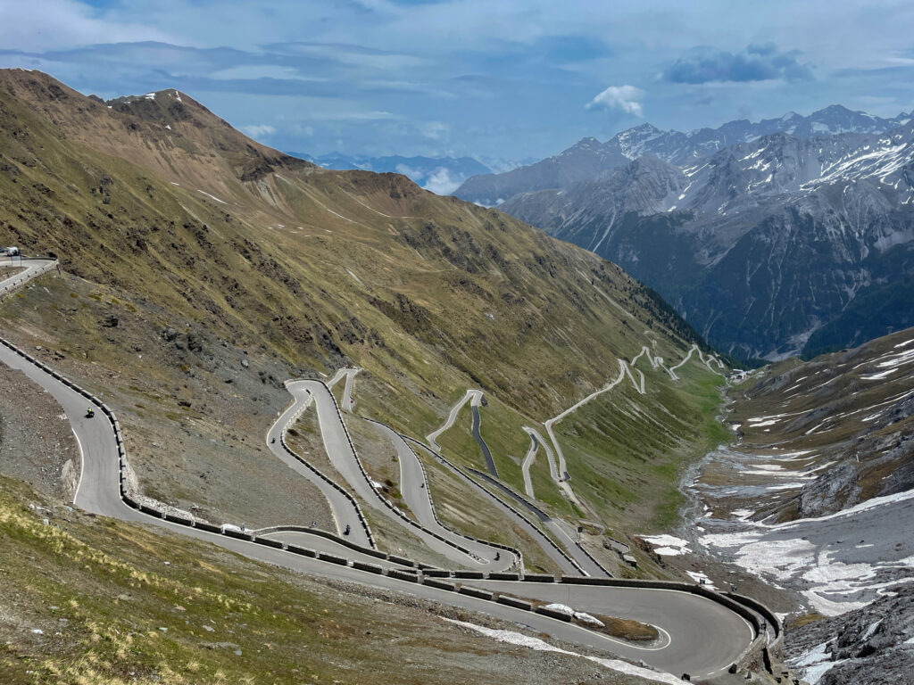 Looking down from Passo dello Stelvio with it's many hairpin corners towards Prato allo Stelvio