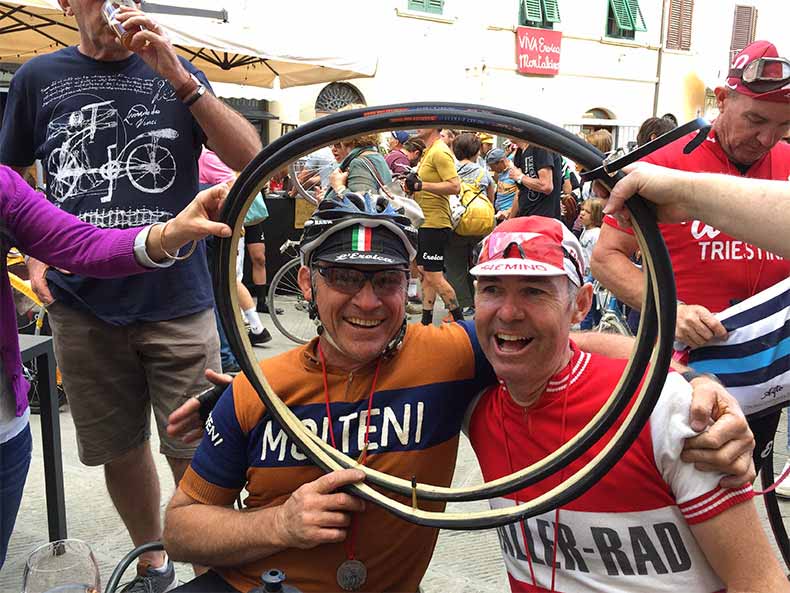 Two riders in woolen jerseys at L'Eroica