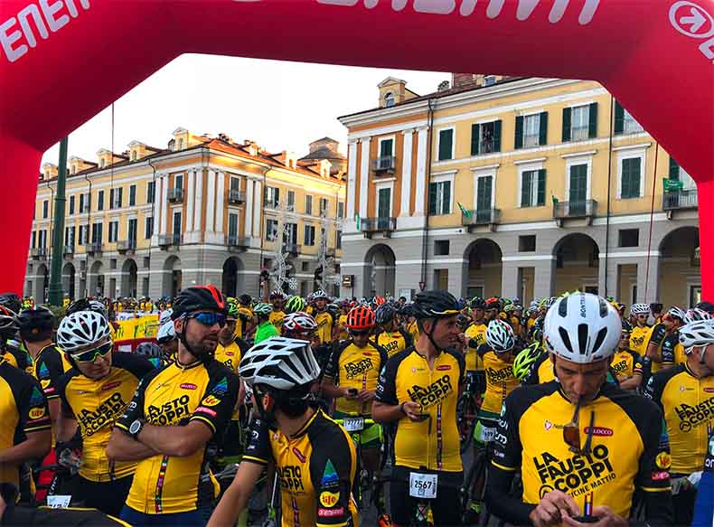 Cyclists at the start of the La Fausto Coppi Gran Fondo