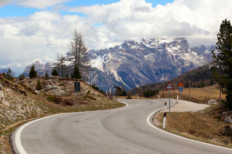 a road in the Dolomites to Passo Falzarego