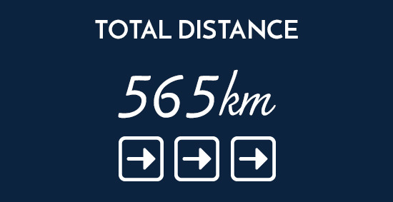Illustration displaying a total riding distance of 565 kilometres for our Tuscany cycling tour