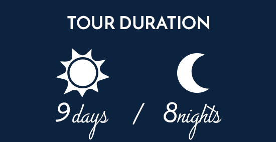 Illustration displaying a cycling tour duration of nine days and eight nights