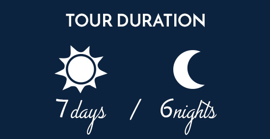 Illustration displaying a cycling tour duration of seven days and six nights