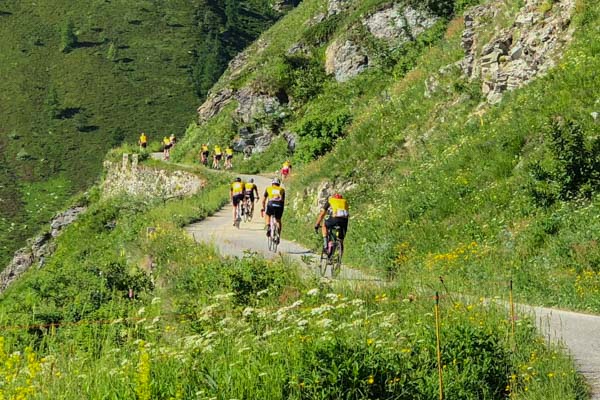 Cyclist riding up Colle Fauniera during La Fausto Coppi Gran Fondo