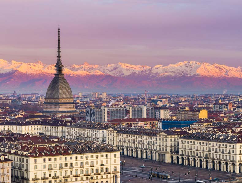 the main piazzaof Turin with the alps in the background