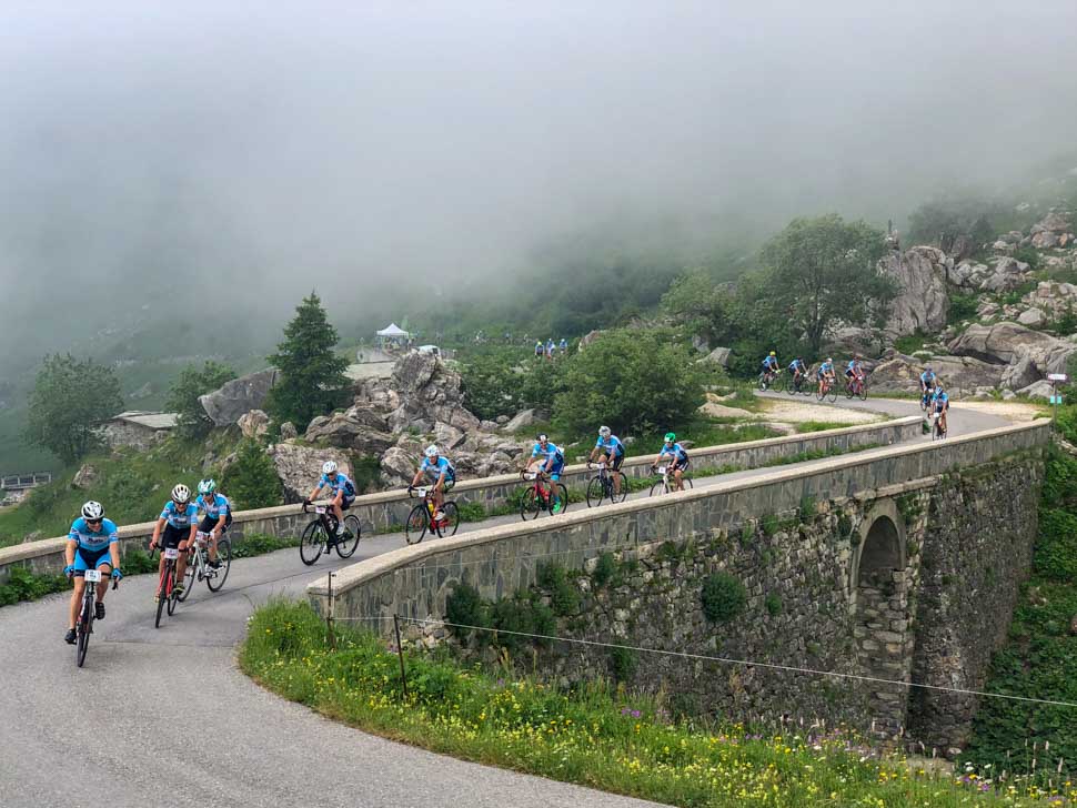 Riders climbing to the top of colle Fauniera, during La Fasto Coppi Gran Fondo