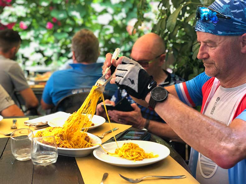 A mid ride lunch of pasta on a cycling holiday