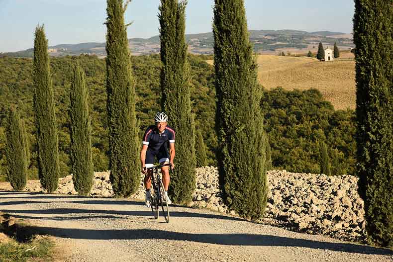 A man riding a bike past some cypress pine trees in Tuscany