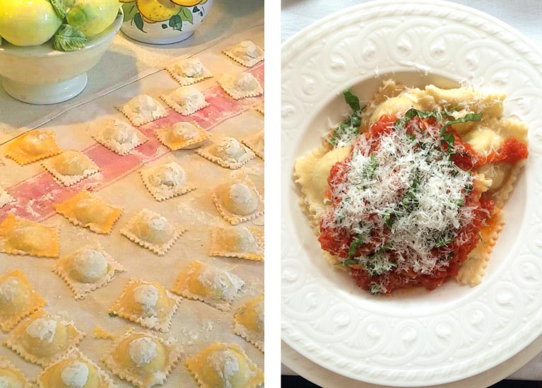 a plate of ravioli con tre Formaggi e Pancetta