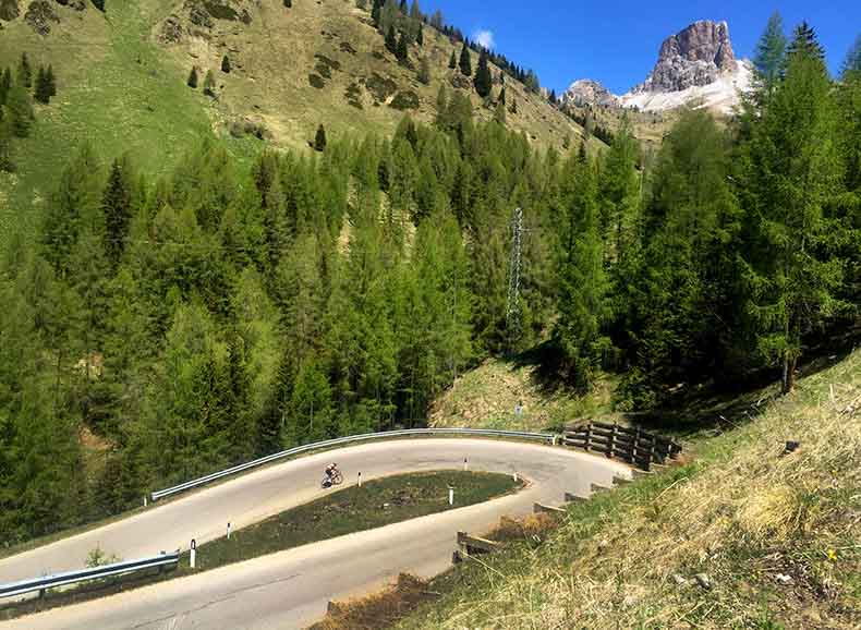 a hairpin bend on the cycling climb of Passo Giau