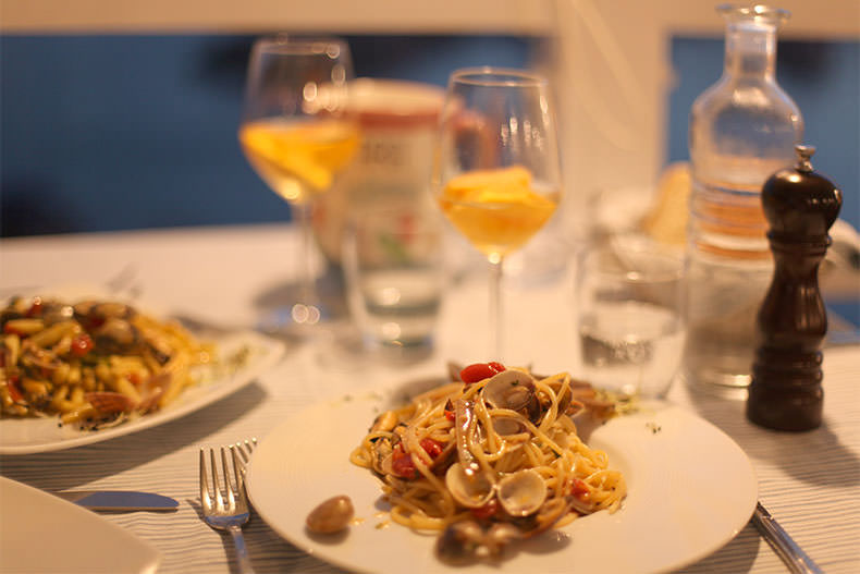 A dinner of pasta with seafood on the Island of Procida