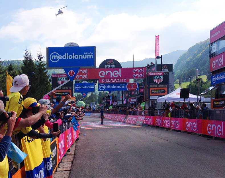 the finish line of a mountain top finish at the Giro