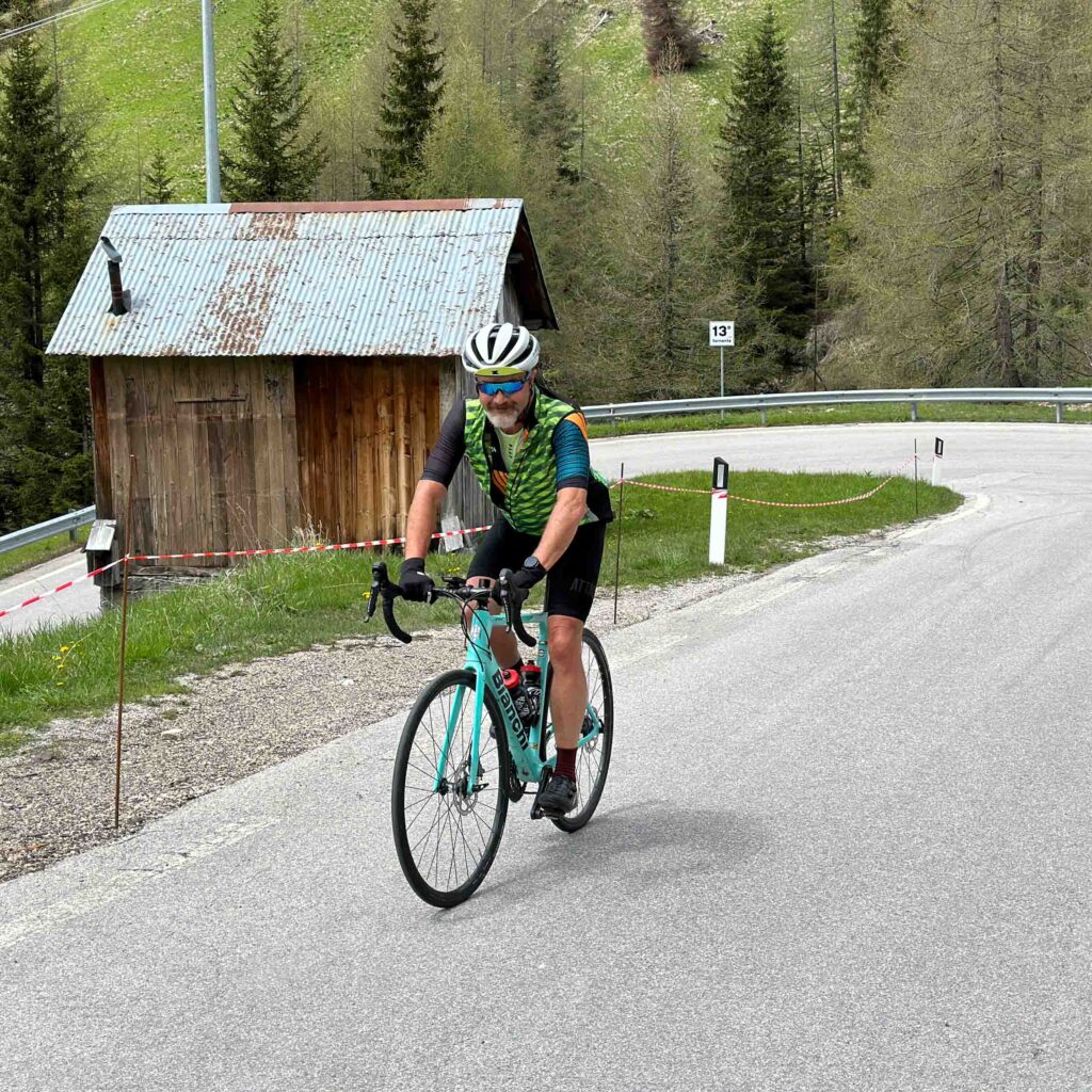 A man cycling in the Dolomites