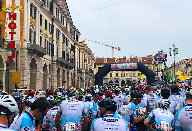 Cyclists at the start of La Fausto Coppi Gran fondo