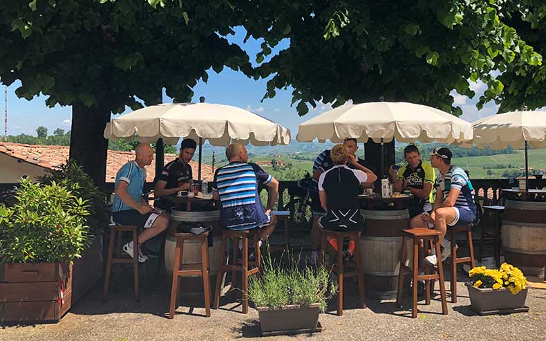 cyclists having a mid ride coffee break