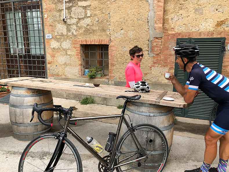 A mid ride coffee during a Tuscany cycling holiday