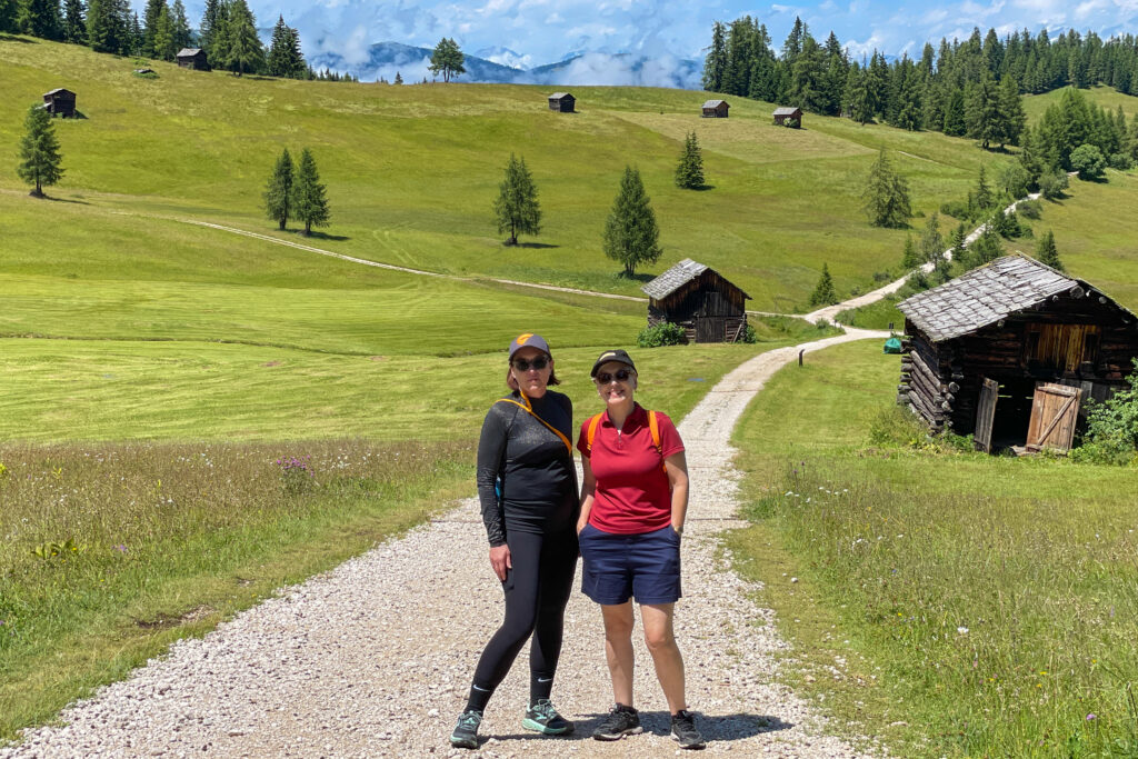 Two women hiking in the Dolomites, Italy