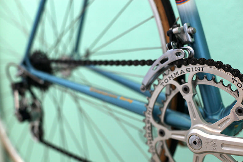 The close up details of a vintage steel Tommasini bike