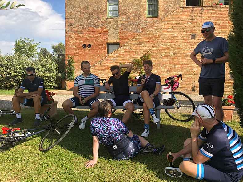 A group of riders enjoying a post ride beers