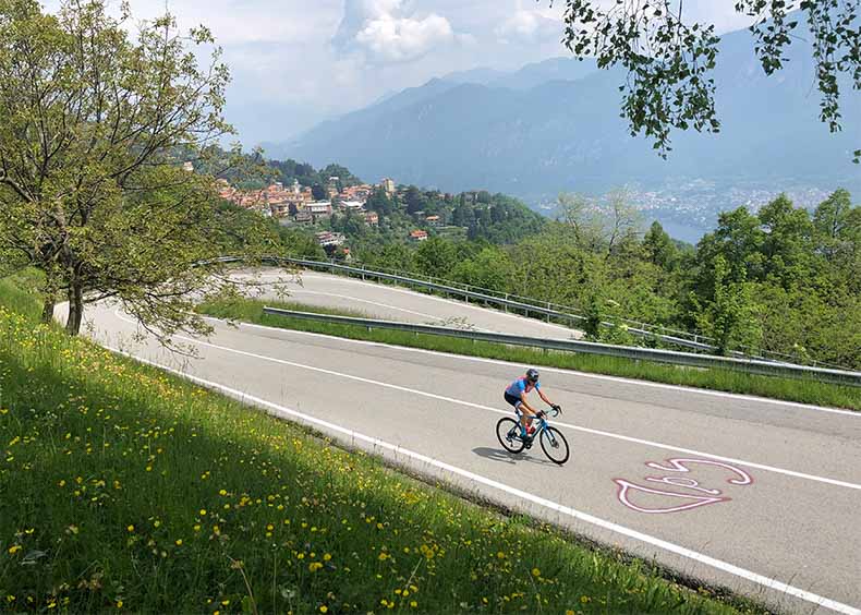 A rider climbing up to the Ghisallo