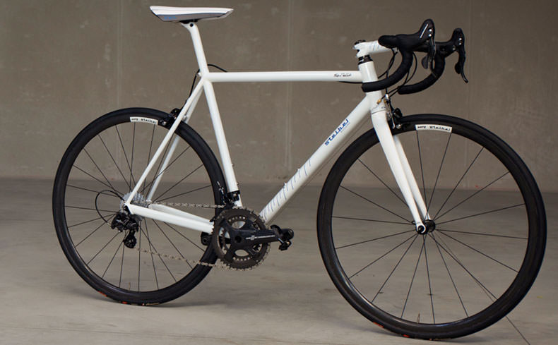 A white steel Rodano Stelbel bicycle