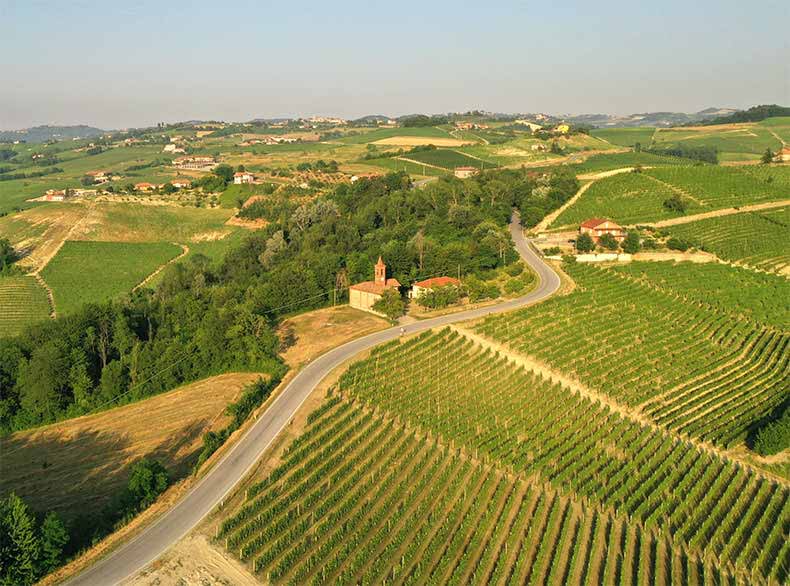 An aerial view of the Le Langhe landscape