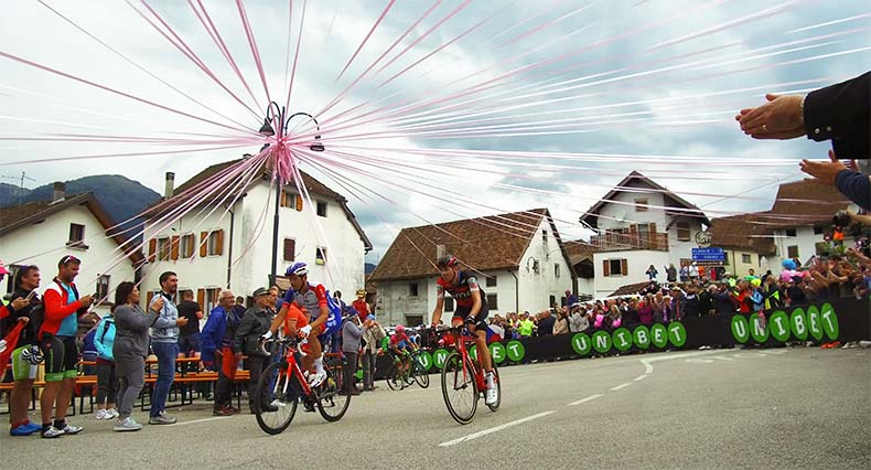 A corner at the start of the Zoncolan climb during the Giro