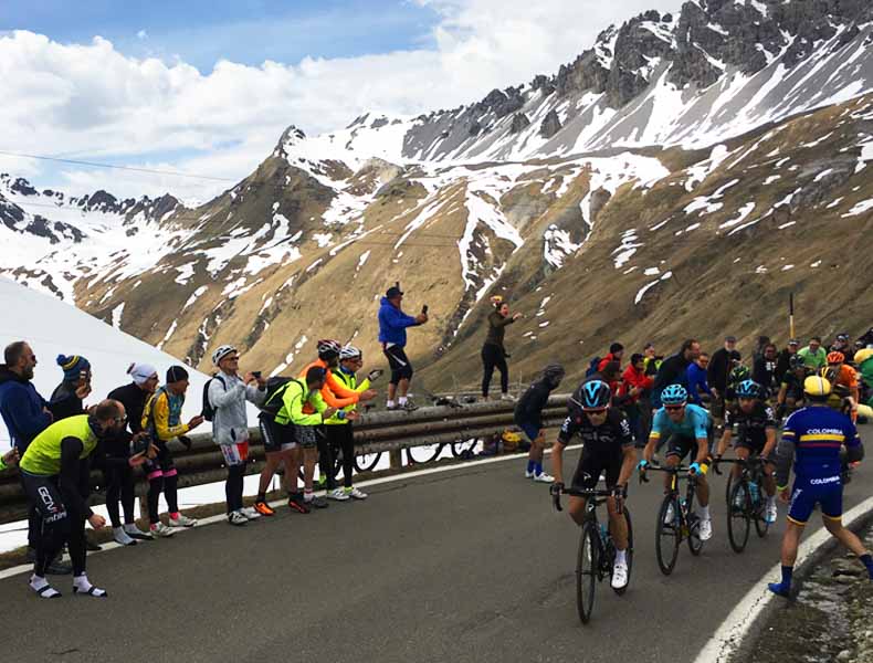 Pro cyclists race up the Stelvio