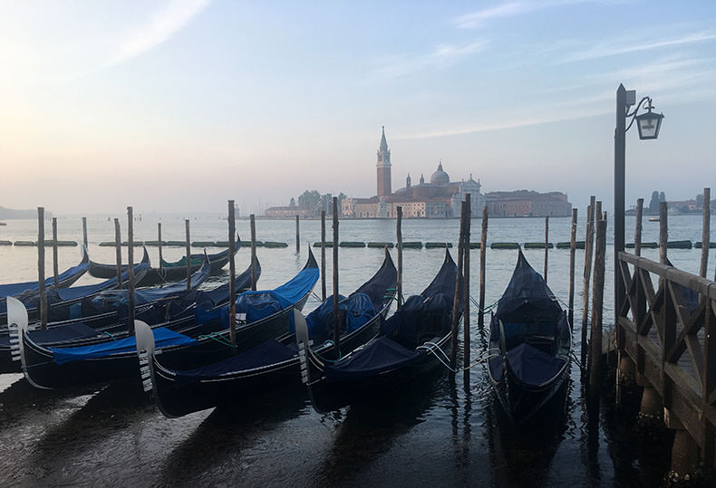 Gondolas on a misty morning in Venice