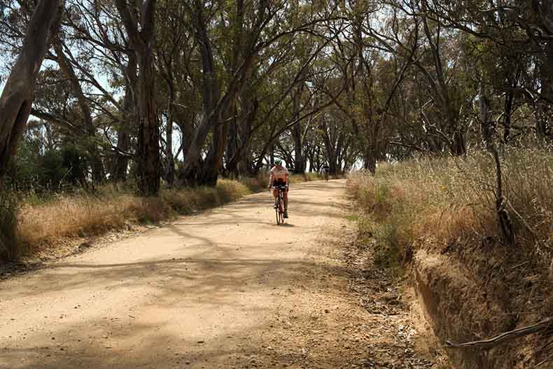 A cyclist riding on gravel near Daylesford