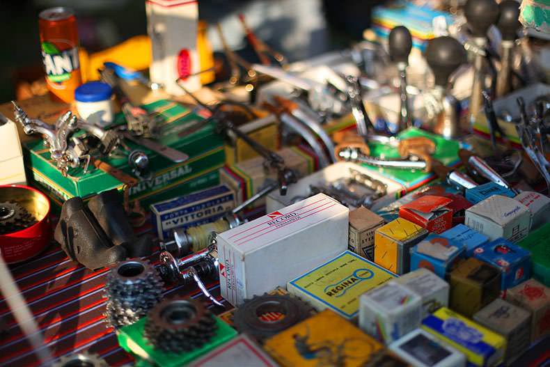 Bicycle parts for sale at the L'eroica market in Gaiole in Chianti