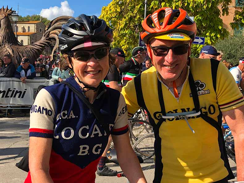 Two riders who finish the L'eroica ride in Tuscany