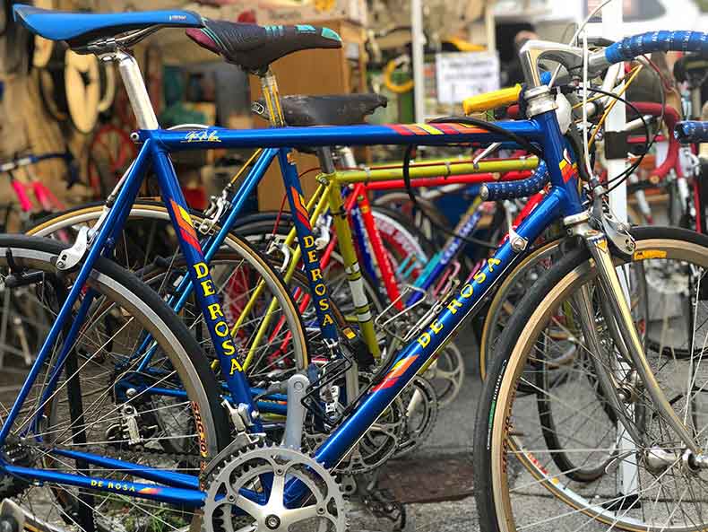 Vintage steel bikes for sale at the L'eroica market in Gaiole in Chianti