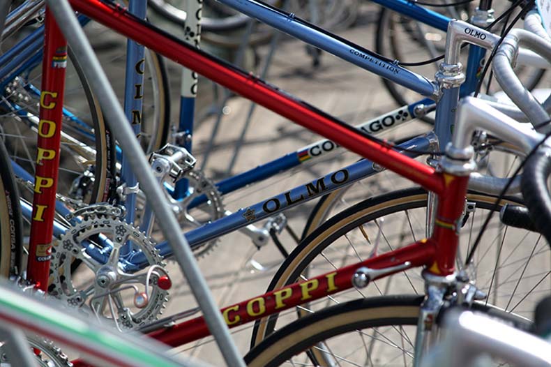 a close up of vintage steel bikes