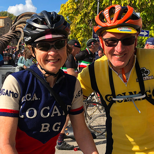 Two riders at the finish of L'Eroica the vintage cycle ride in Tuscany