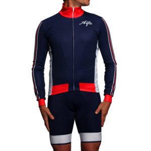 a man wearing a navy long sleeved cycling jersey