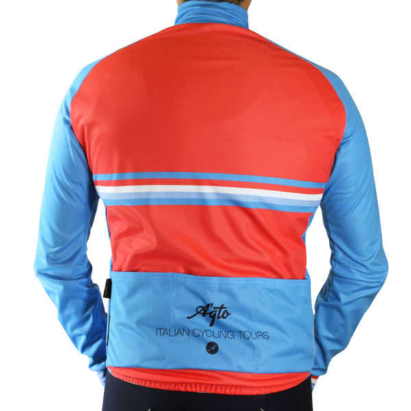 the back of a man wearing a wind proof cycling jersey