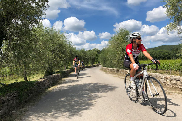 Three riders cycling through Olive groves and vineyards in Tuscany