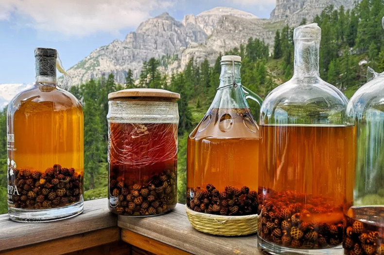 grappa infused with alpine pine cones